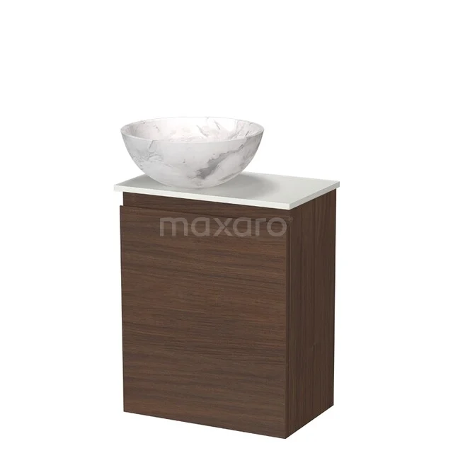 Modulo Pico WC-Möbel mit Aufsatzwaschbecken | 41 cm Nussbaum grifflose Front Naturstein-Aufsatzwaschbecken Solid Surface Waschtischplatte TMK10-19027 Badmöbel Holzoptik mit weißem Marmor-Waschbecken, kompaktes Design, ideal für kleine Bäder.