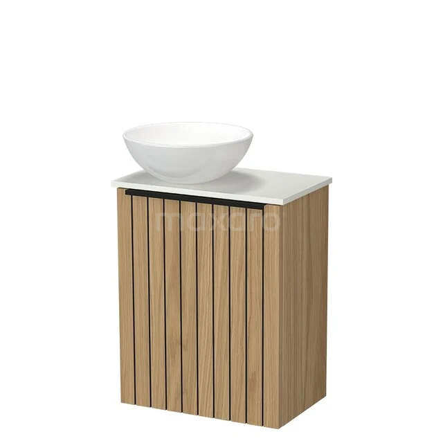 Wooden bathroom furniture with vertical lines, white ceramic sink and marble top, ideal for a stylish bathroom.