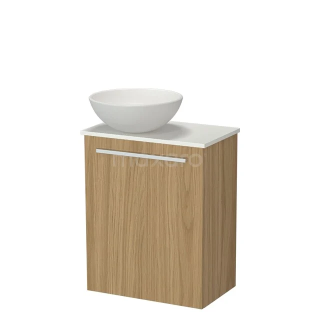Wooden bathroom furniture with white washbasin, modern style, compact design, ideal for small bathrooms.