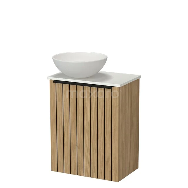 Wooden bathroom furniture with vertical lines, white marble washbasin top and round basin for a stylish bathroom.