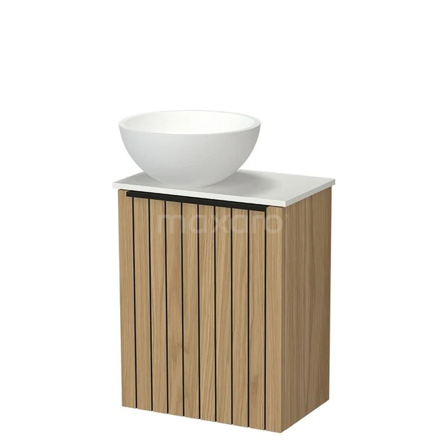 Wooden bathroom furniture with vertical lines, white sink and ceramic top, ideal for modern bathroom interiors.