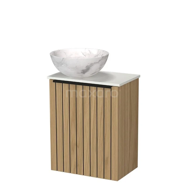 Modulo Pico WC-Möbel mit Aufsatzwaschbecken | 41 cm Naturfurnier Leistenfront Aufsatzwaschbecken aus Naturstein Solid Surface Waschtischplatte TMK10-18970 Holz-Badmöbel mit Marmor-Waschbecken, vertikalen Lamellen und kompakt Design für moderne Bäder.