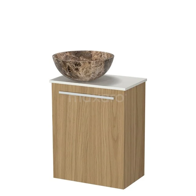 Wooden bathroom cabinet with marble washbasin, modern storage for the bathroom, compact design with white top.