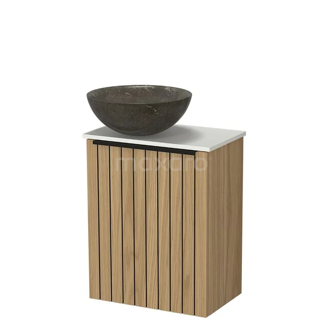 Wooden bathroom furniture with vertical slat structure, white sink and dark grey natural stone basin.