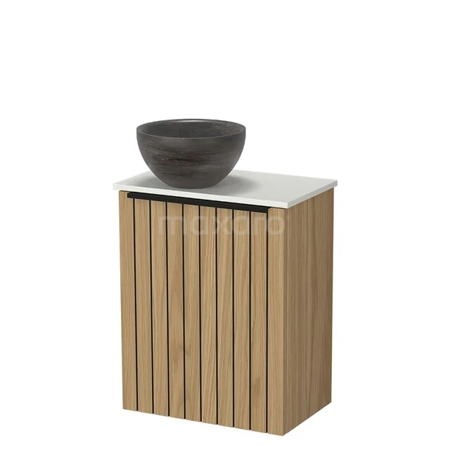 Modulo Pico WC-Möbel mit Aufsatzwaschbecken | 41 cm Naturfurnier Leistenfront Aufsatzwaschbecken aus Naturstein Solid Surface Waschtischplatte TMK10-18978 Hölzerner Badschrank mit vertikalen Latten, weißer Oberseite und dunkelgrauem Aufsatzwaschbecken, ideal für einen modernen Badezimmerstil.