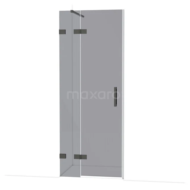 Glazen douchedeur met scharnieren, grijze afwerking, strak design voor moderne badkamerstijl.