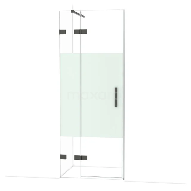 Duschtür mit schwarzen Metallscharnieren, profilfreiem Design, Klarglas und einem matt weißen Band, perfekt für moderne Bäder.