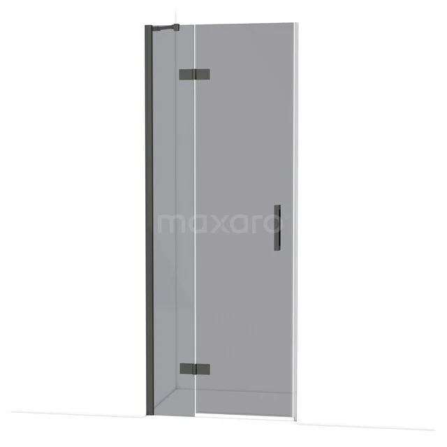 Diamond Shower door | 80 cm Black chrome Smoke glass Pivot door DDB21351211BCN Glazen douchedeur, helder glas, zwart metalen scharnieren en handgreep, strak design voor moderne badkamers.