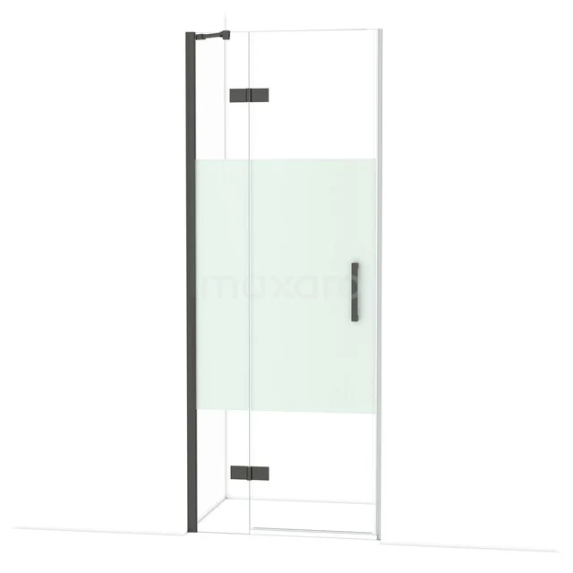 Diamond Shower door | 80 cm Black chrome Clear with matt strip Pivot door DDB21351213BCN Heldere glazen douchedeur met mat zwart profiel, voorzien van mat glazen paneel, ideaal als moderne badkamerwand.