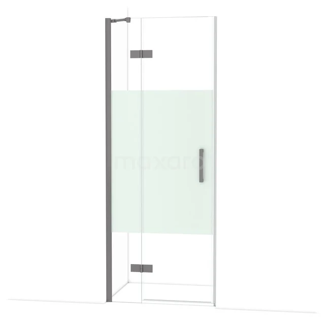 Diamond Douchedeur | 80 cm Zwart metaal Helder met matte strook Draaideur DDB21351213ZMN Helder glazen douchedeur met mat witte strook, chroom scharnieren en handgreep; modern design, perfect voor de badkamer.