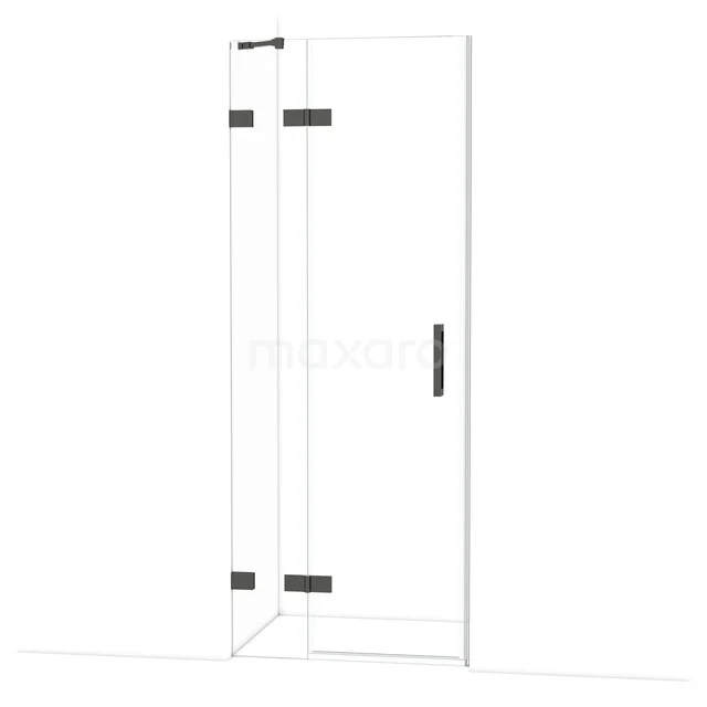 Diamond Shower door | 80 cm Black chrome Clear glass Pivot door DDB21351220BC Glazen douchedeur met zwart metalen scharnieren en handgreep, ideaal voor een moderne badkamerinrichting.