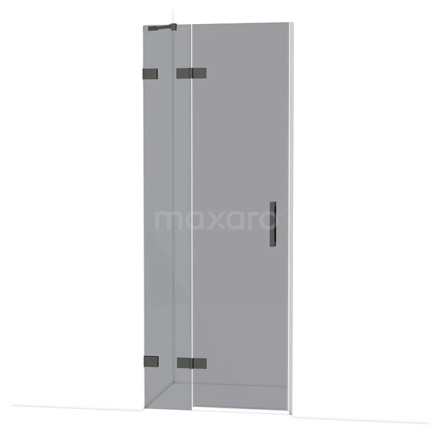 Diamond Shower door | 80 cm Black chrome Smoke glass Pivot door DDB21351221BC Douchedeur van helder veiligheidsglas met zwart metalen scharnieren, geschikt voor moderne badkamers.
