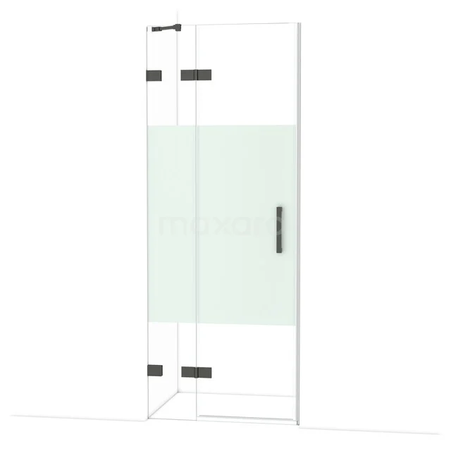 Diamond Shower door | 80 cm Black chrome Clear with matt strip Pivot door DDB21351223BC Glazen douchedeur met matglasstrook, zwarte scharnieren en handgreep, ideaal voor een moderne badkamerinrichting.