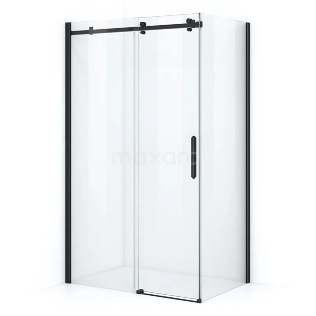 Shower enclosure with sliding door, clear glass, matte black finish, space-saving design, ideal for modern bathrooms.