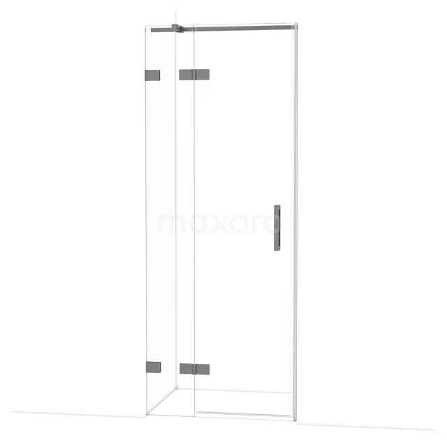 Glazen douchedeur met chromen scharnieren en handgreep, hoekopening, geschikt voor moderne badkamers.