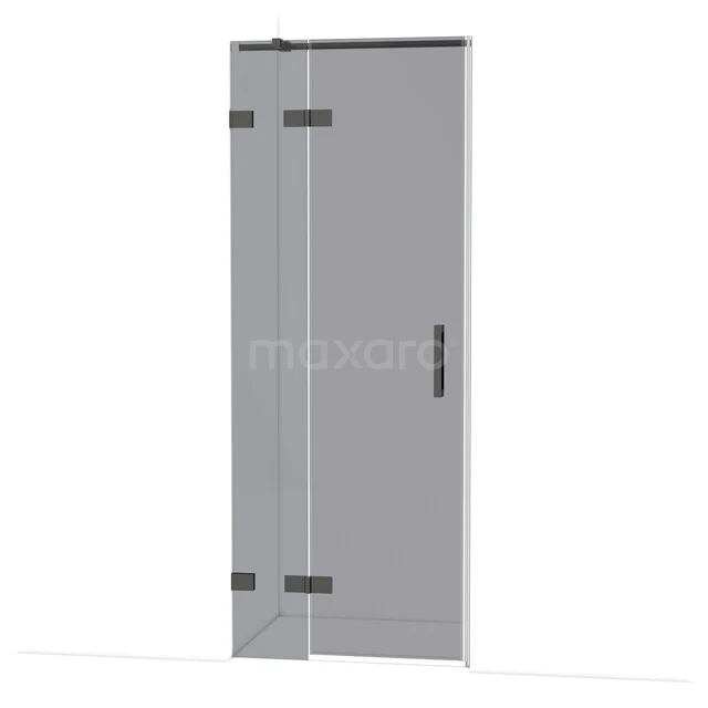 Grijze douchedeur met steellook afwerking, mat zwart beslag en helder glas, ideaal voor een moderne badkamer.