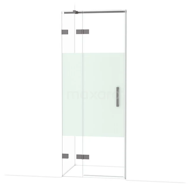 Diamond Douchedeur | 80 cm Zwart metaal Helder met matte strook Draaideur DDB21351323ZM Glazen douchedeur met mat witte strook, chroomkleurige scharnieren en handgreep, geschikt voor moderne badkamers.