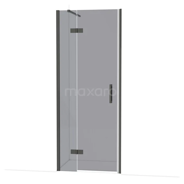 Glazen douchedeur met mat zwarte scharnieren, strak design en hoekige vorm, ideaal voor een moderne badkamer inrichting.