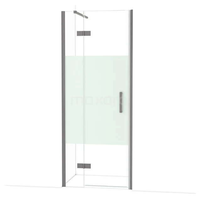 Glas Duschtür mit klarem und mattglas, metallischen Scharnieren und chromfarbigem Haltegriff, ideal für moderne Bäder.