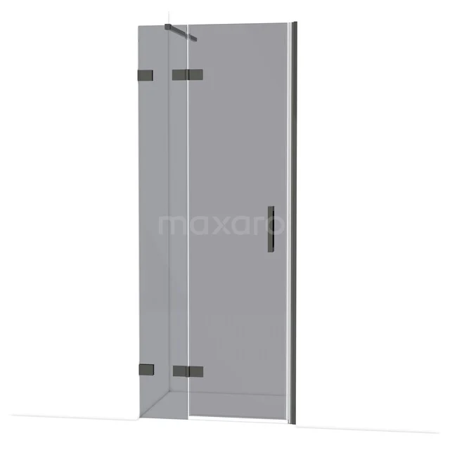 Glas Duschtür mit schwarzen Scharnieren, Klarglas und minimalistischem Design, perfekt für ein modernes Badezimmer.