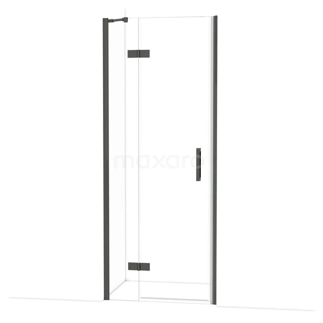 Glasene Duschtür mit schwarz mat Profil, einfaches Drehmechanismus und modernes Design; ideal für ein stilvolles Badezimmer.