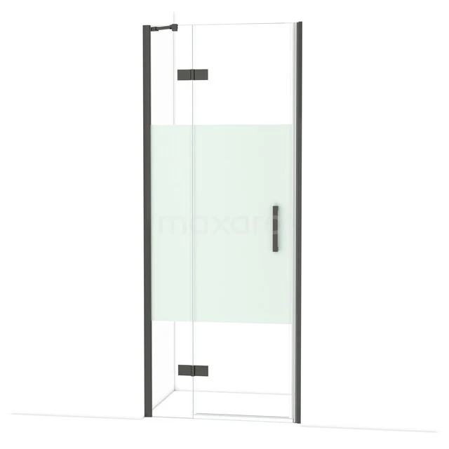 Douchedeur helder glas, zwart frame, mat decoratief paneel, moderne stijl, ideaal voor elegante badkamerinrichting.