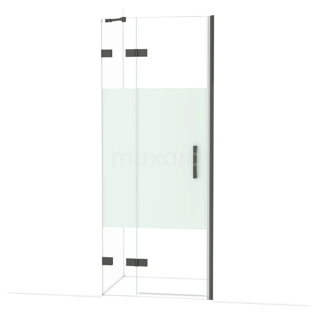 Glasene Duschtür mit mattem Privatsphäre-Panel, schwarzen Metall-Scharniere und Haltegriff, ideal für moderne Badezimmer-Einrichtungen.