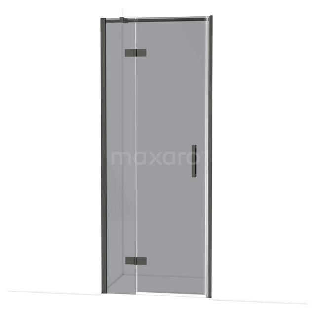 Glasene Duschtür mit schwarzem Aluminiumrahmen und Scharnieren, ideal als stilvolle Abtrennung im Badezimmer.