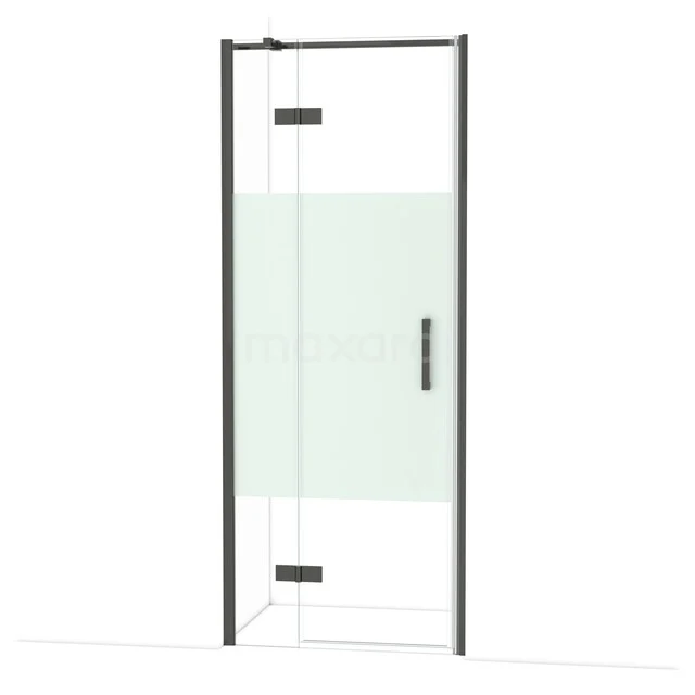 Douchedeur met zwart frame, helder glas en matte strook, ideaal voor een moderne badkamerstijl.