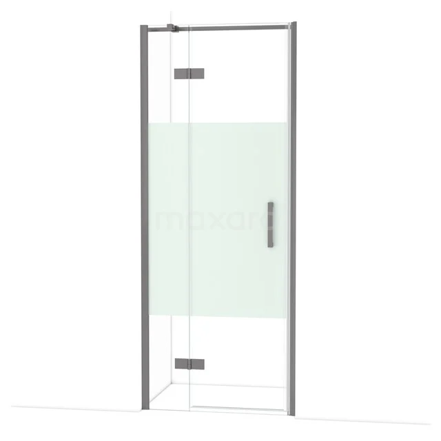 Glazen douchedeur met mat glazen inzet, rechthoekig design, metalen scharnieren en handgreep, ideaal voor moderne badkamers.