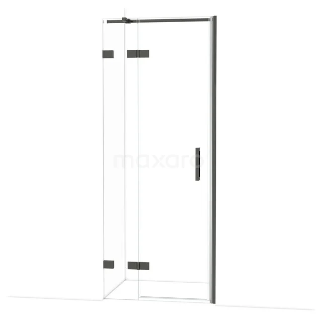 Glazen douchedeur met zwarte scharnieren en handgreep, modern design voor een stijlvolle badkamer.