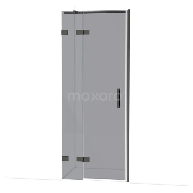 Glazen douchedeur, transparant met zwarte scharnieren en handgreep, perfect voor een moderne badkamer inrichting.