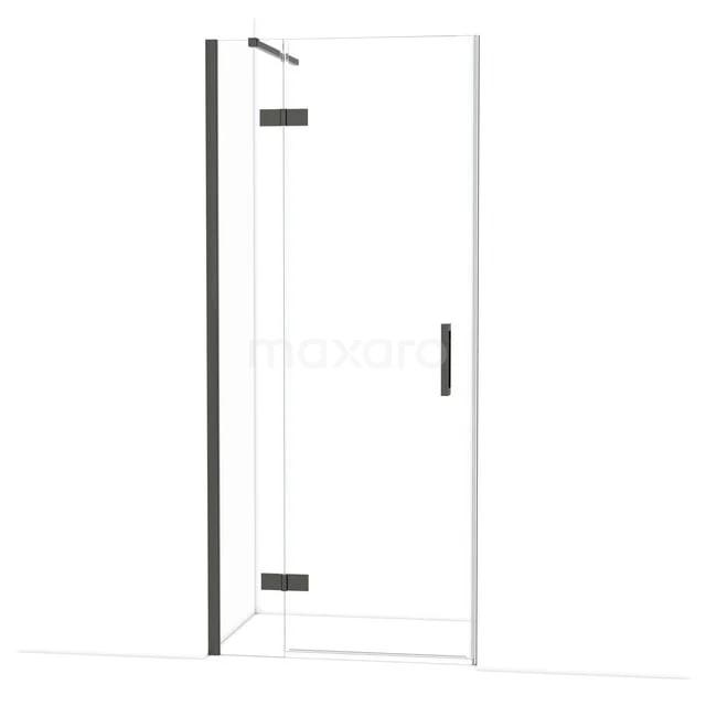 Douchedeur met helder glas, zwart metalen scharnieren en handgreep, ideaal voor een moderne badkamer inrichting.