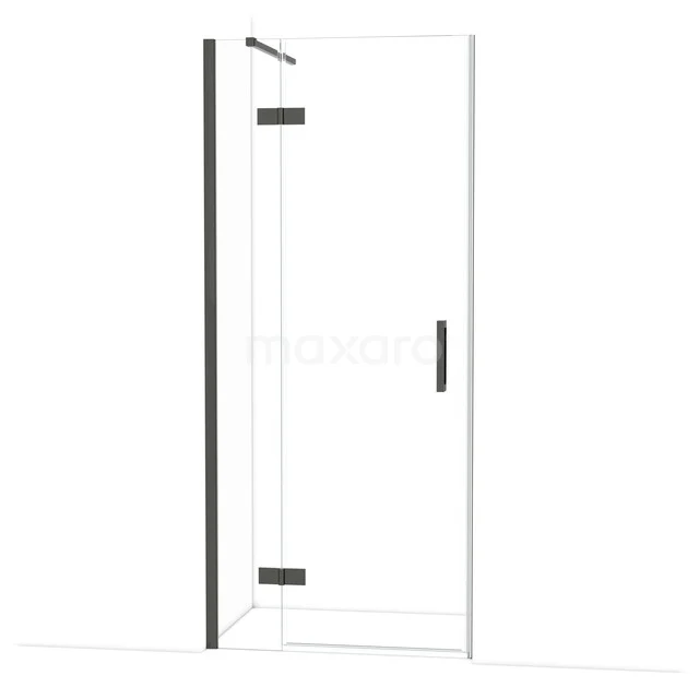 Douchedeur met helder glas, zwart metalen scharnieren en handgreep, ideaal voor een moderne badkamer inrichting.