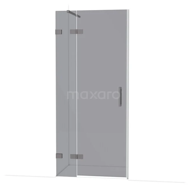 Glazen douchedeur met zilveren scharnieren, heldere uitvoering, ideaal voor een moderne badkamer.