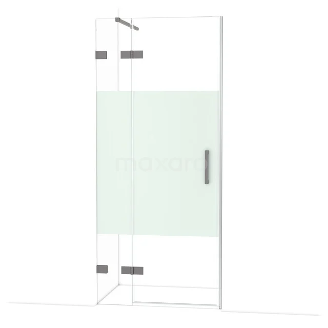 Diamond Douchedeur | 90 cm Zwart metaal Helder met matte strook Draaideur DDB21361123ZM Glazen douchedeur met mat wit patroon, hoekig design en roestvrijstalen scharnieren, ideaal voor moderne badkamers.