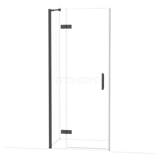 Glazen douchedeur met zwarte scharnieren, strak design en minimalistische look voor een stijlvolle en moderne badkamer.