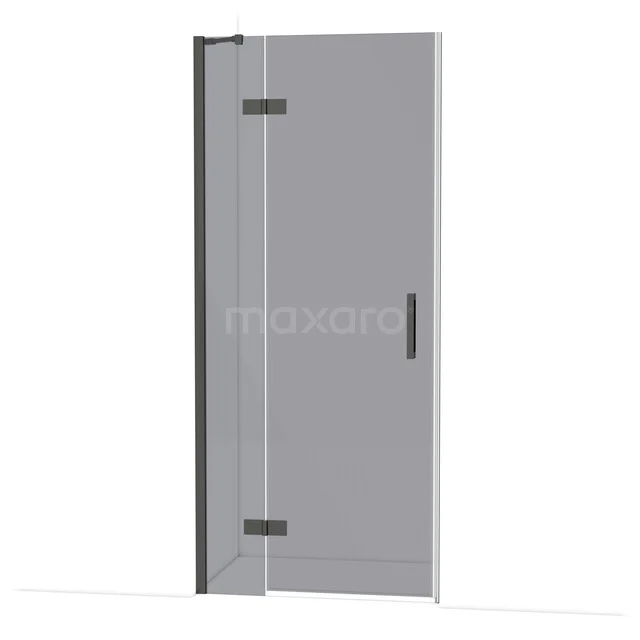 Glazen douchedeur met zwart aluminium profielen, klapmodel voor optimale ruimtebesparing in de badkamer.