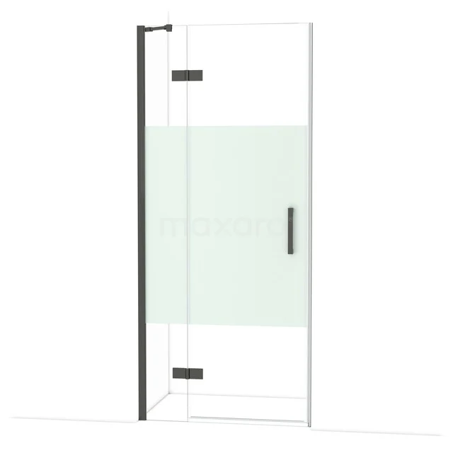 Glasene Duschtür mit schwarzen Profilen, subtilem Design und mat-grünem Akzent, ideal für ein modernes Badezimmer.