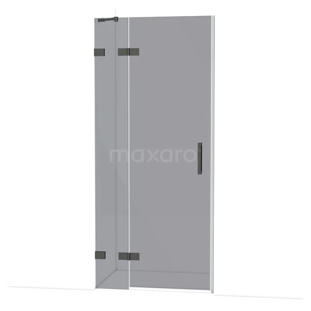 Glasene Duschtür mit Scharnieren, transparentes Design, schwarzer Griff, ideal als moderne Badezimmertrennung.