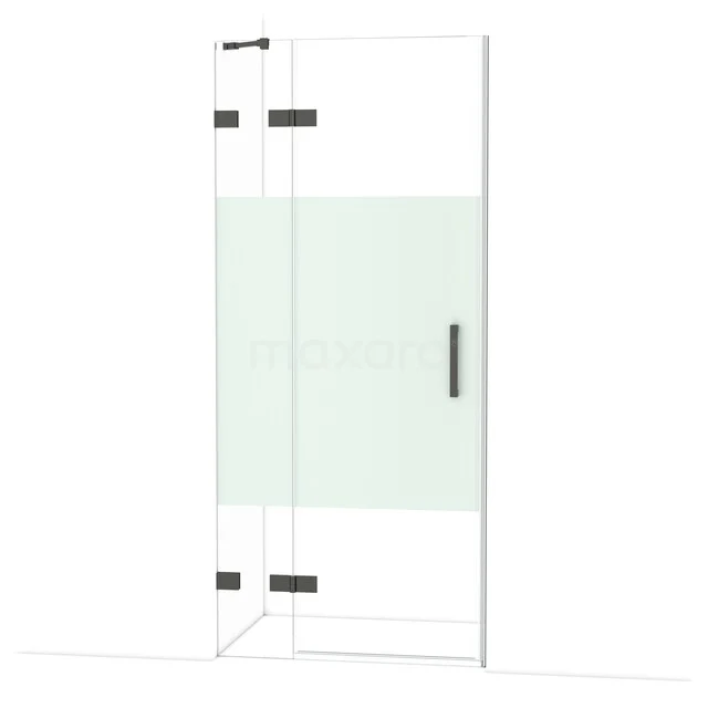 Glazen douchewand met mat-wit paneel en zwarte handgreep, hoekvormig design, ideaal voor moderne badkamers.