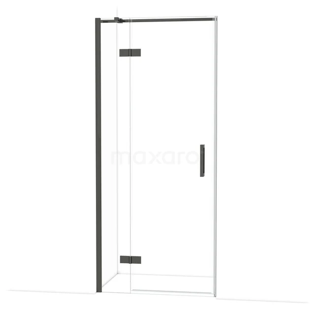 Duschtür mit schwarzem Profil, Klarglas und Scharnieren, ideal für ein modernes Badezimmer.