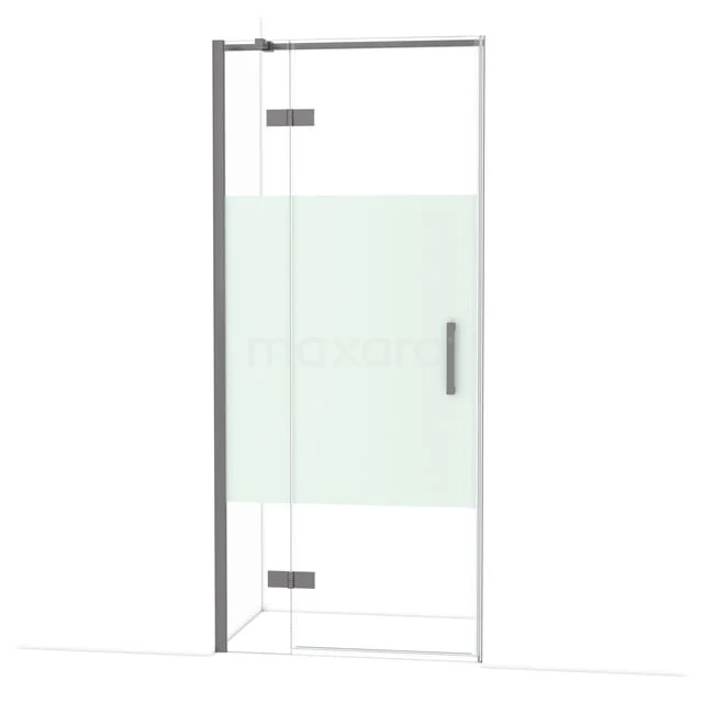 Diamond Douchedeur | 90 cm Zwart metaal Helder met matte strook Draaideur DDB21361313ZMN Glazen douchedeur met mat profiel, draaideurdesign, voorzien van een metalen handgreep; ideaal voor een moderne badkamer.