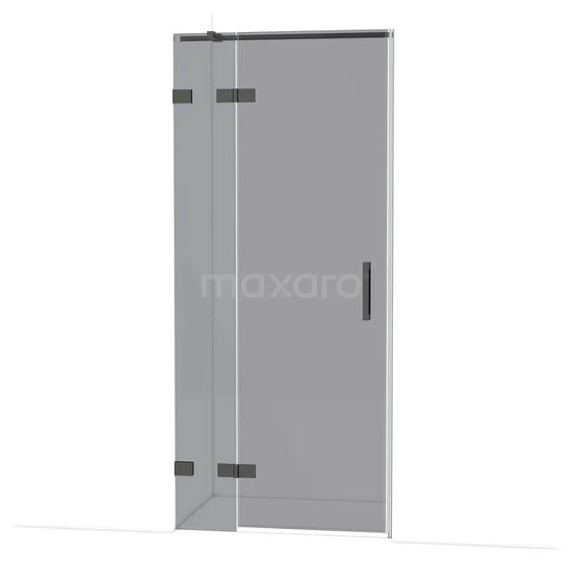 Glazen douchedeur met scharnieren, helder glas, zwart metalen accenten en strak design, ideaal voor moderne badkamers.