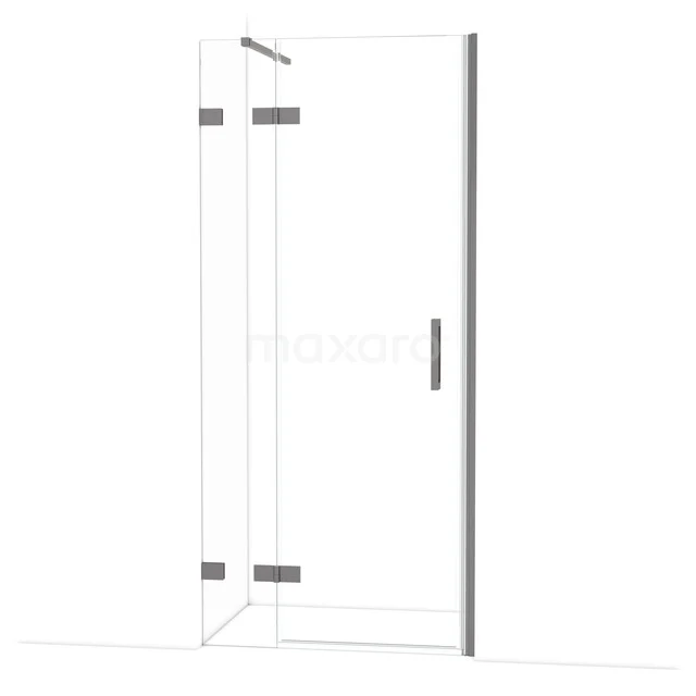 Transparent corner shower door with hinge, minimalist design, ideal for a modern bathroom.