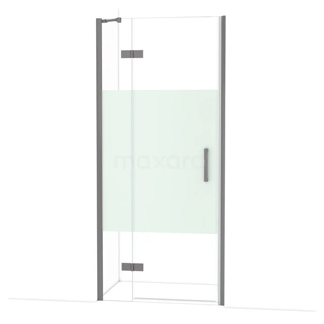 Glazen douchedeur met scharnieren, transparant en mat glasdetail, chromen afwerking, perfect voor moderne badkamers.