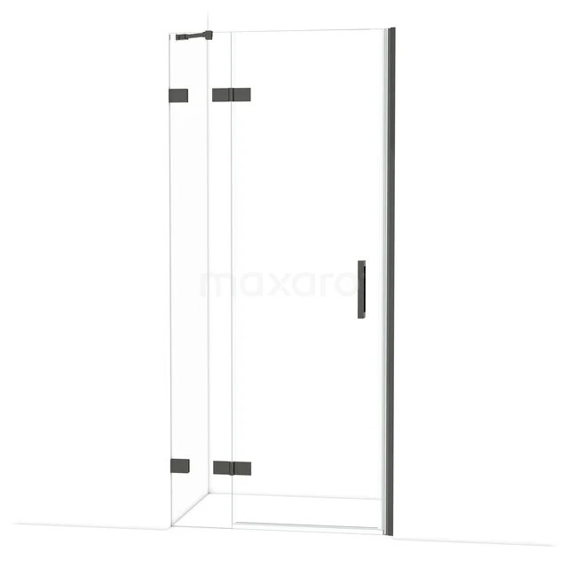 Glazen douchewand met deur, zwart frame, strak design; ideaal voor moderne badkamers.