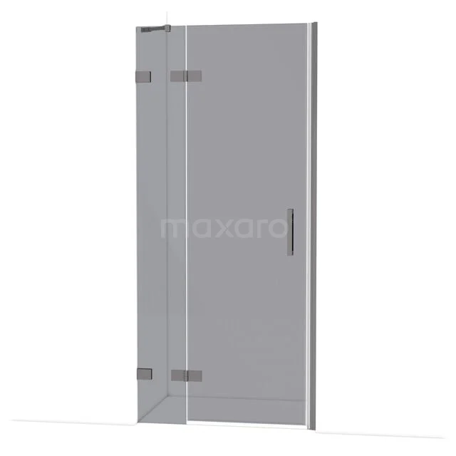 Glass shower door with hinges in silver colour, sleek design; ideal for a modern bathroom decor.