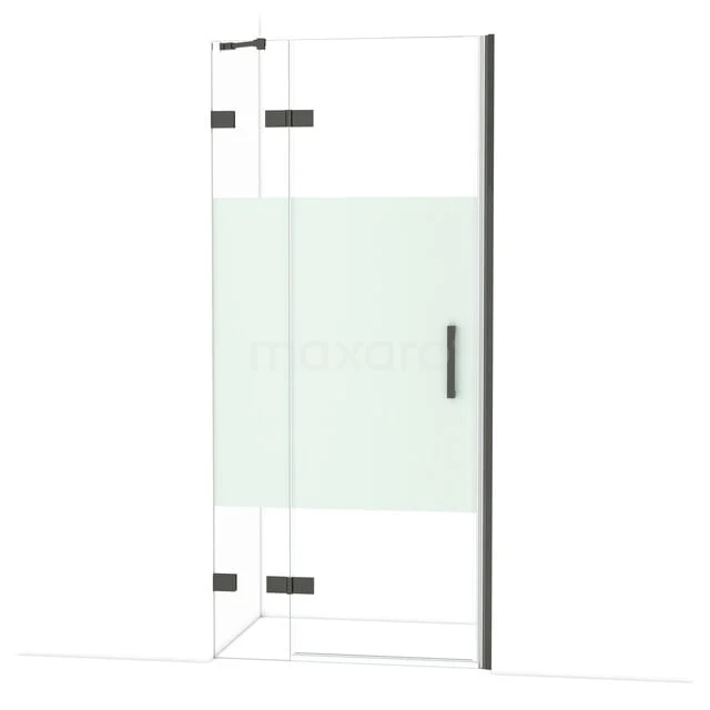 Diamond Douchedeur | 90 cm Zwart chroom Helder met matte strook Draaideur DDB21362223BC Glazen douchewand met mat wit paneel, minimalistisch design, ideaal voor een moderne badkamerinrichting.