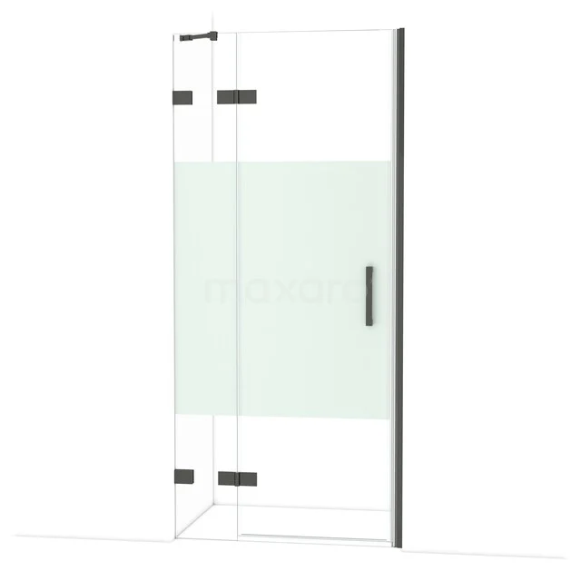 Diamond Shower door | 90 cm Black chrome Clear with matt strip Pivot door DDB21362223BC Glazen douchewand met mat wit paneel, minimalistisch design, ideaal voor een moderne badkamerinrichting.